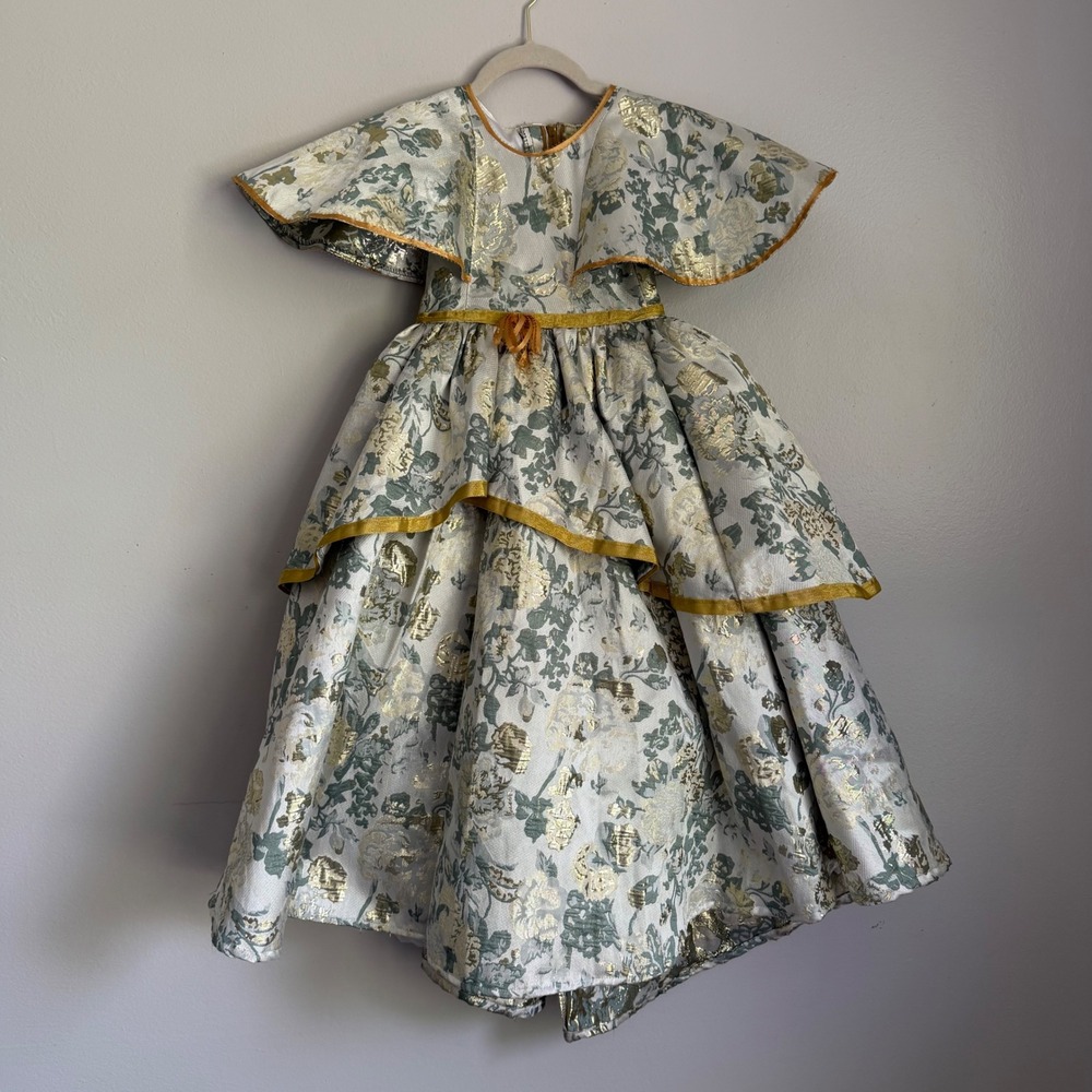 Vintage Handmade Kids Floral Tapestry Brocade Pageant Gown Gold M Dress